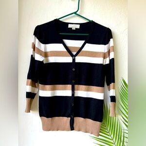 Women's Striped Cardigan Sweater - Black, White, and Brown